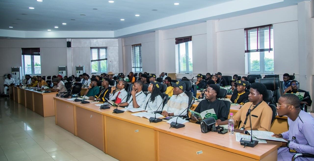 FUTO student leaders listen with interest as the VC, Prof. I.N.S. Dozie addresses them during his maiden interaction with them at the University's Council Chambers.