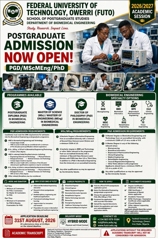 Postgraduate Admission Now Open – Biomedical Engineering | 2026/2027 Academic Session