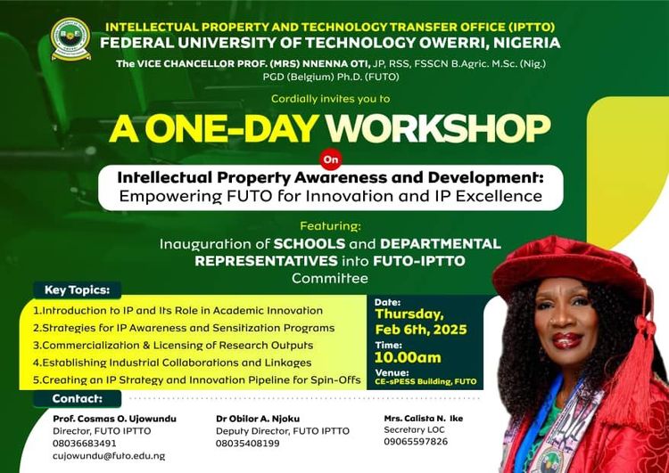 INVITATION TO FUTO-IPTTO ONE-DAY WORKSHOP ON THURSDAY FEBRUARY 6, 2025, BY 10.00am @FUTO CE-sPESS BUILDING
