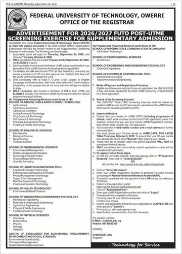 ADVERTISEMENT FOR 2026/2027 FUTO POST-UTME SCREENING EXERCISE FOR SUPPLEMENTARY ADMISSION