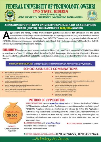 FUTO Opens Applications for 2025/2026 JUPEB Admission Programme