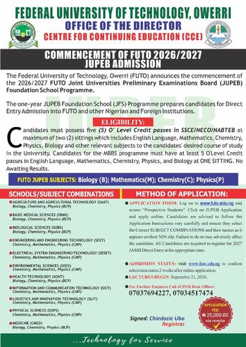Commencement of FUTO 2026/2027 JUPEB Admission