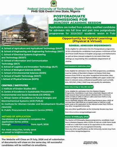 Postgraduate Admissions for 2026/2027 Academic Session